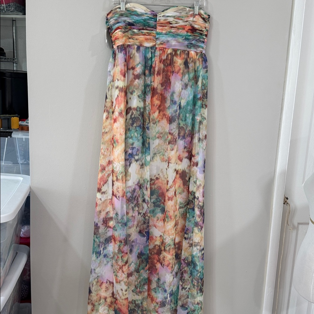 NWT Aidan Mattox Strapless Floral Watercolor chiffon formal Maxi Dress wedding - Picture 5 of 9